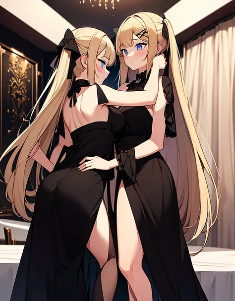 an adult girl, She has two pigtails falling over her shoulders, decorated with black ribbons, SHE HAS BLONDE HAIR, blue eyes and a very elegant and very long black dress for a gala dinner with a cut that allows her to show her leg, wears beautiful evening ...