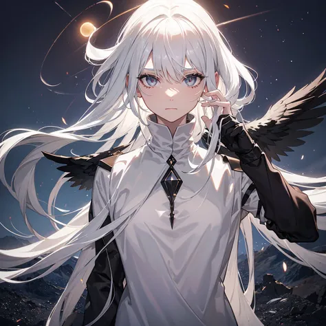 A black angel with white hair, in the middle of the desert, during an eclipse, at night, character in the center of the image