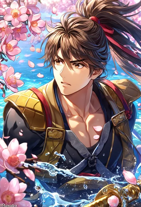 absurdres, highres, ultra detailed, HDR, master piece, best quality, Maeda Keiji, dark brown hair, messy hair, hair tied in a high ponytail, expressive brown eyes, Sengoku Basara, solo, sexy man, handsome, black tight shirt, water, fantasy, shining, pink f...