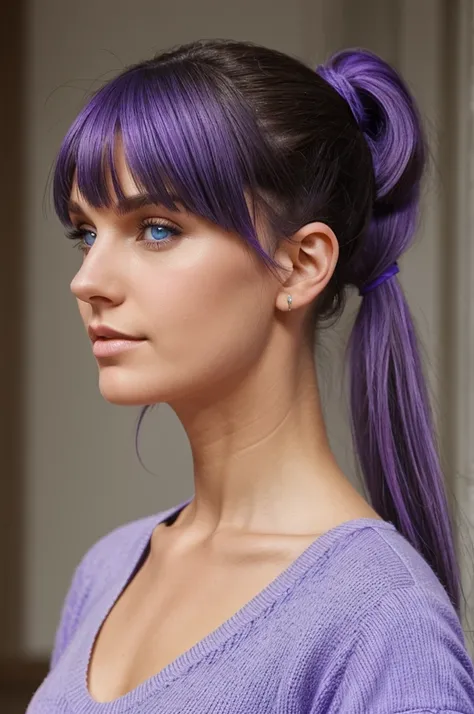 A blue-eyed brunette woman with lavender hair tied in a ponytail with long thin, spiky bangs on the left side of her face