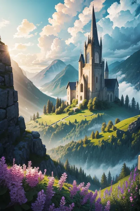 Medieval Catholic church on the mountain, View of the sea, surrounded by lush vegetation in a valley of flowers, rise sun, with rays of light, slightly misty day, Ultra -HD, 真实感, cinematic light, detailed back ground, swirly vibrant colors, conceptual artw...