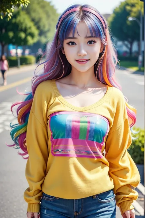 a photo-realistic image of a cute 19-year-old girl smiling brightly while making a cheerful 'see you tomorrow!' pose. the girl h...