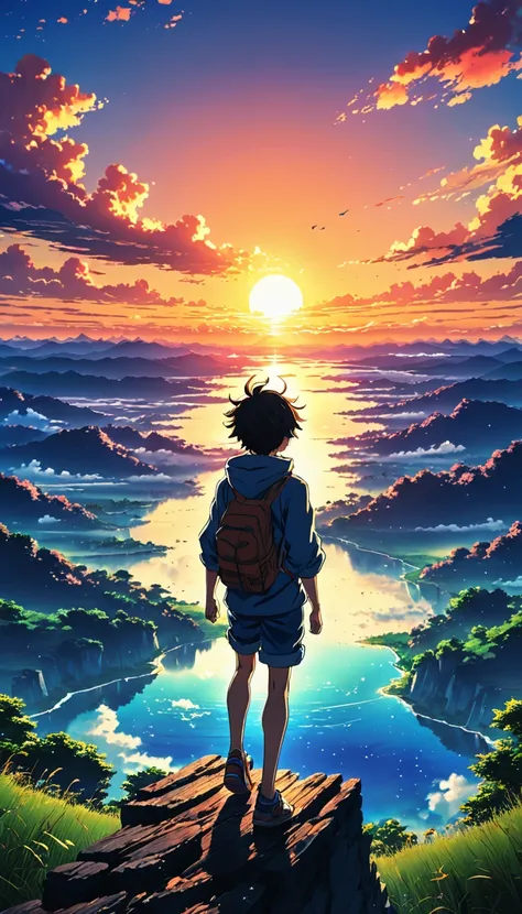 anime landscape of the image shows a boy jumping into the void, at sunset, seen from afar, a beautiful colorful anime scene, see...