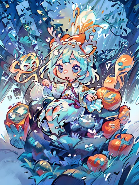 tarot, gold border, mystical forest themed, chibi, masterpiece, best quality, extremely detailed, detailed background, detailed face, 1girl, full-body, solo, pale skin, LONG blue hair which each strands were being lifted up by butterflies, deer ears, white...