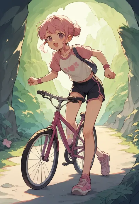 cute anime girl rides a bicycle, in running shorts, short shorts, Cave covered with pink biological cells
