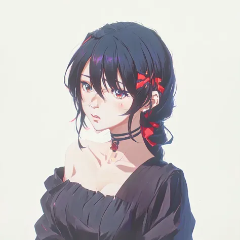 anime girl with a black hair and a black dress with a red ribbon, anime moe artstyle, anime style portrait, flat anime style shading, in an anime style, portrait of an anime girl, flat anime style, anime artstyle, anime portrait, made with anime painter st...