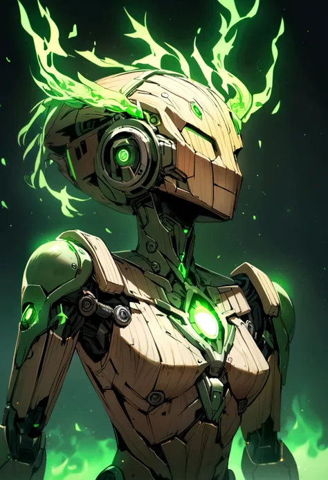 A humanoid being with a wooden body and green flames on top of its head