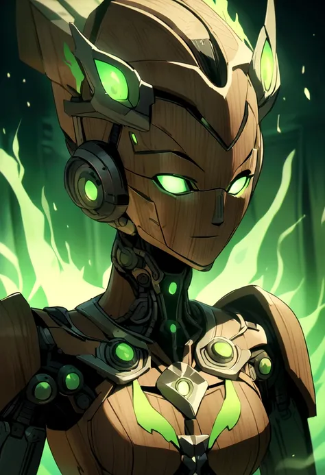 A humanoid being with a wooden body and green flames on top of its head