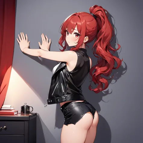 BREAK Perfect Anatomy、Highest quality、(cute:1.1)、(cute)、(High resolution:1.2)、Unbelievably absurd:1.3、Incredible illustrations、(cuteイラスト:1.2)、nsfw,（Beautiful background、Late Night、Bedroom、Red Curtain）、1gial(Red hair、strong wavy hair、ponytail）
,（leather jac...