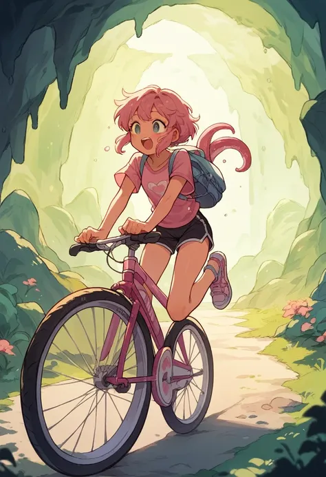 cute anime girl rides a bicycle, in running shorts, short shorts, Cave covered with pink biological cells , Tentacles entangled
