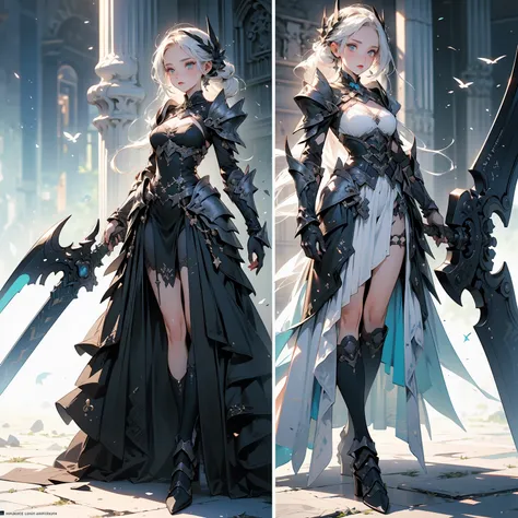 (((masterpiece, best quality, high detailed, 8k))) Design a layout showcase Gaming character, (1girl). Black|Gold clothes, stylish and unique. ((showcase weapon:1.4)), dark scythe. (masterpiece:1.2), (best quality), 4k, ultra-detailed. (Step by step design...