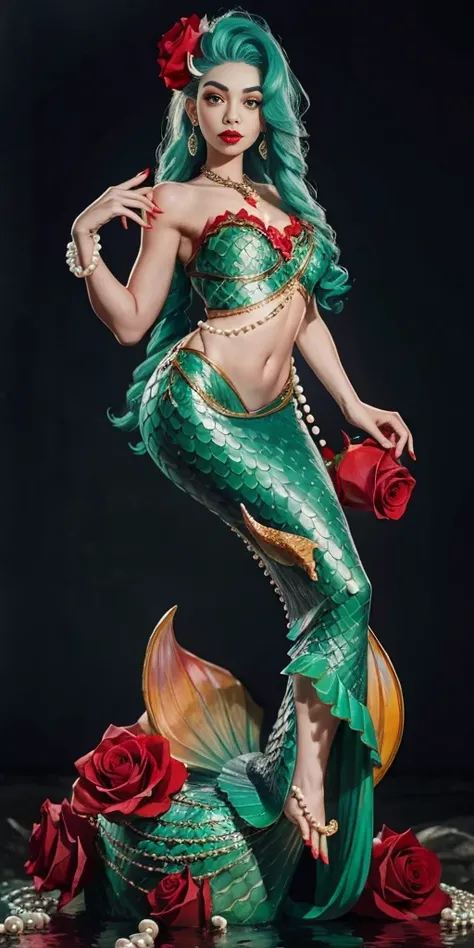 Mermaid with pearls and red roses
