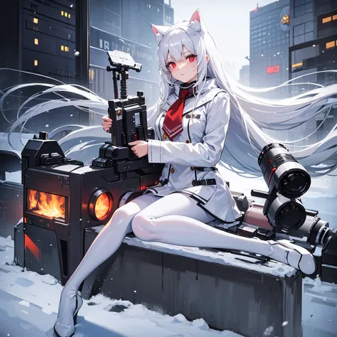 White hair, cat ears, 1 girl, white pantyhose, red eyes, black short skirt, white scarf (white scarf covering the neck), gray halo, holding a sci-fi rifle, high quality, snow, city (snowy city)