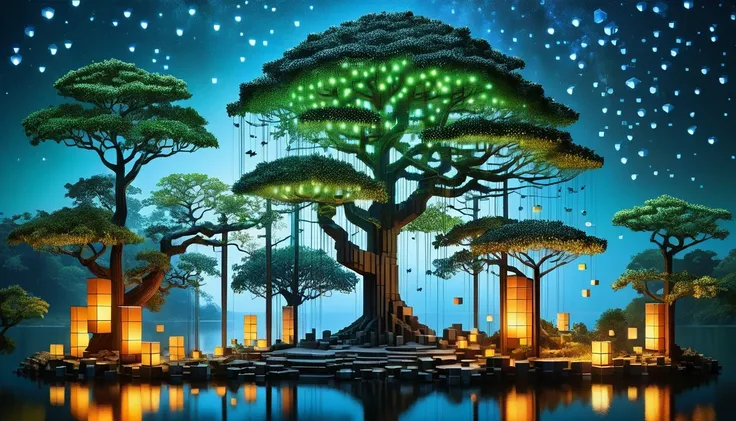 ral-3d cube tree々an enchanting forest with wildlife, surrounded by the fantastic light of fireflies ,the river flows,there are l...