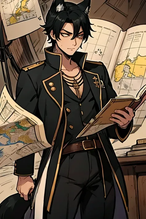 A black haired foxman with golden eyes with black fox ears and a black fox tail in a pirates uniform is reading a map on a pirate ship