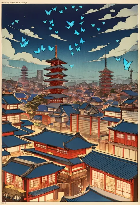 A night view of Tokyo in the 19th century with rows of red brick buildings. Many shining blue butterflies are dancing in the sky.