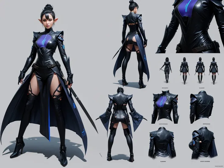 Make elf, biracial, short hair with shaved sides, wearing a cyberpunk space suit, weilding cyberpunk daggers, cgaracter concept design, ((character design sheet, front, back, side view))