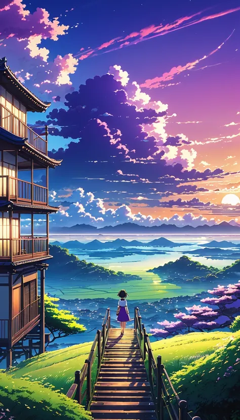 Anime landscape of y almas、landscape with clouds、purple sunset sky、Deities々Shikai、ladder、You can feel the touch of the brush.、without human figures、Studio ghibli、ghibli、scenery、Style、The light shines、sky line to beautiful colorful anime scene, seen from af...