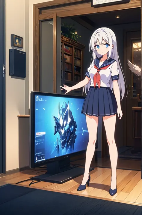 1 beautiful girl, great image quality with lots of detail, ray tracing, in a navy sailor , long stockings, blue eyes, white hair, , in a neon room, PC gaming, perfect anatomy, full body.