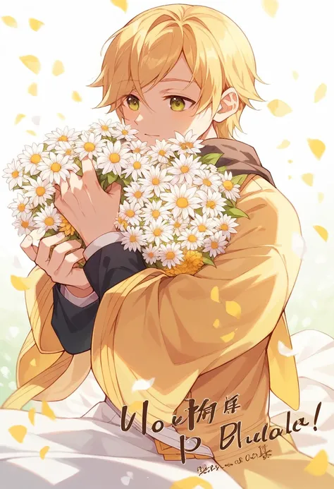 a close up of a person holding flowers in their hands, with flowers, holding flowers, with yellow flowers around it, holding magic flowers, The Flower Prince, coronation of The Flower Prince, Kagamine Rin, covered with flowers, carry flowers, beautiful ani...