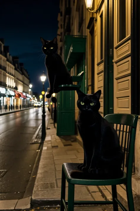 A black cat sitting on a dark green chair at night, on the main streets of Paris