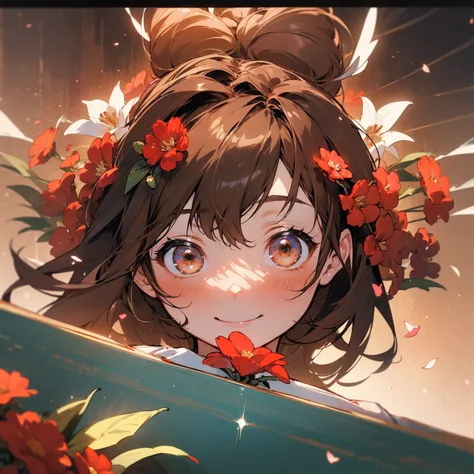 (beautifully、aesthetic:1.2)、(1 Girl:1.3)、(Brown color hair:1.2)、Wearing a red kimono、miracle、happinessそうなsmile、smile、happiness、Great space、Red and white flowers、