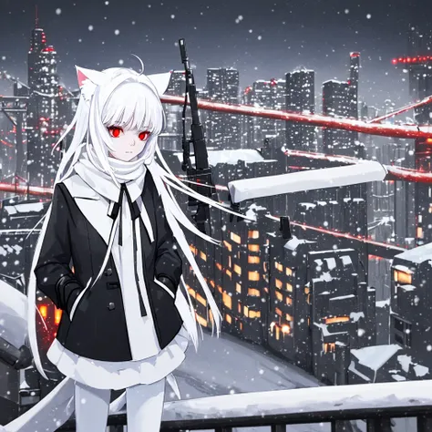 White hair, cat ears, 1 girl, white pantyhose, red eyes, black short skirt, white scarf (white scarf covering the neck), gray halo, holding a sci-fi rifle, high quality, snow, city (snowy city)