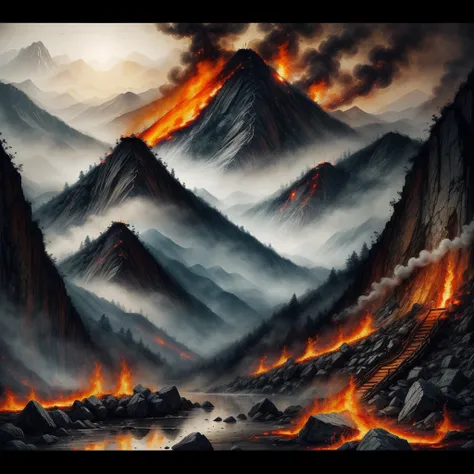 In the depths of the flames, A burning and mysterious ancient Chinese city unfolds, The picture is full of hot flames（There are no mountains in the picture），Shadows linger there, Lost in a mysterious dreamland of ancient Chinese city walls Realism