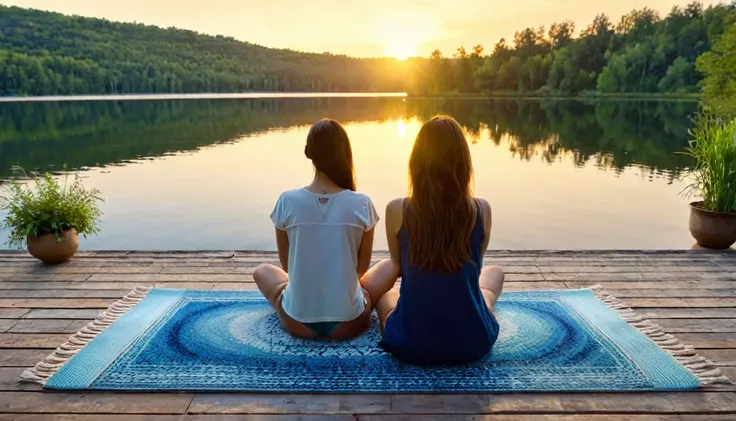 A woman filmed with her back facing the sunrise in a meditative position with nature and a calm lake around her, the woman is sitting on a rug and a cushion on a wooden pier, a color palette s]in shades of blue and yellow.. ultra realistic image