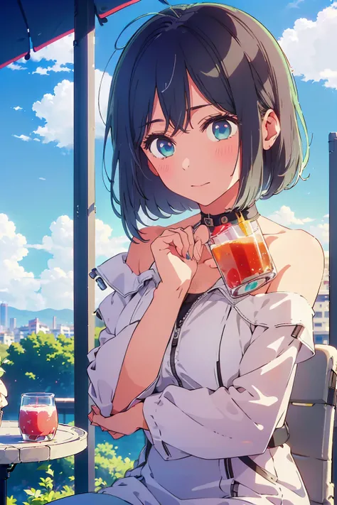 (Highest quality:1.4、8K:1.4、detailed)、F cup bust、Big Breasts、Slim body、Very white beautiful skin、((((1 person、Surprised expression、sit、Chair、In the background are the urban buildings of Tokyo、looking at the camera、Outdoor café terrace、Navy hair color、juice...