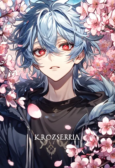 Ultra detailed, highres, absurdres, HDR, master piece, Kuro, messy hair, light blue hair, expressive red eyes, black bags under the eyes, Servamp, fantasy, pink petals, water, pink flowers, handsome, sexy man, solo, best quality, blossoms, blue shining fir...