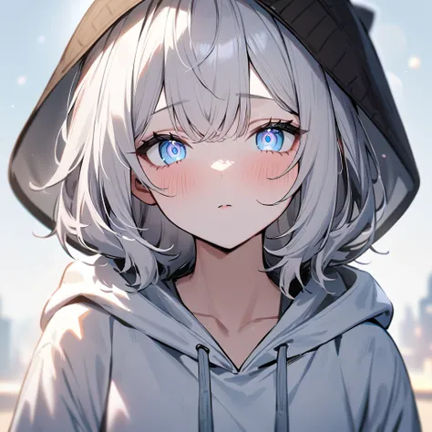 1girl,masterpiece,best quality,very aesthetic, absurdres,pale hair,pale  eyes,light  blue eyes,Detailed eyes,Costumes,hoodie