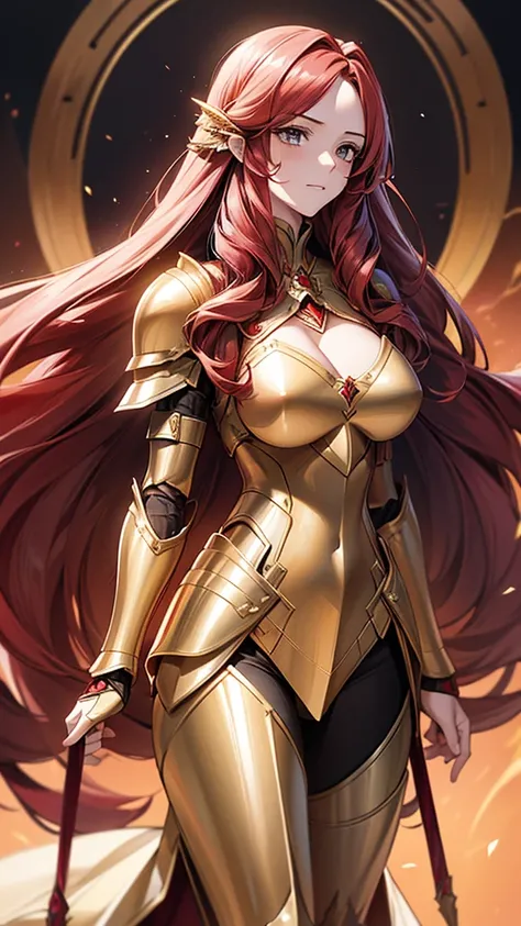 woman, long hair,, Golden Armor, Sagittarius Armor, very long hair, (long hair), long hair, (((Red hair))), (((Red hair))), Detailed images, Super definition, 16K, looking at camera, wing, Golden armor, helmet, Sagittarius Armor，Huge breasts，cleavage