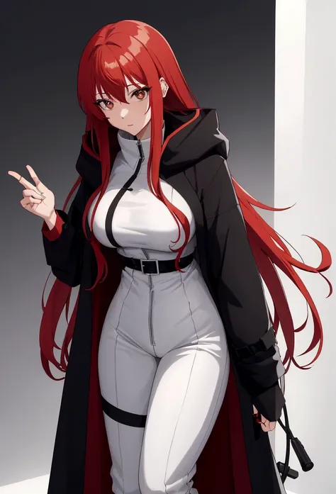 My name is Hikaru, I am a white test female with long red hair and black eyes. I am 1.Height 60cm、Weight 46kg. My chest size is 300cm, My waist is 60cm、My hips are 200cm. Wearing a tight black long coat, Hooded winter jacket and warm pants. cyborg