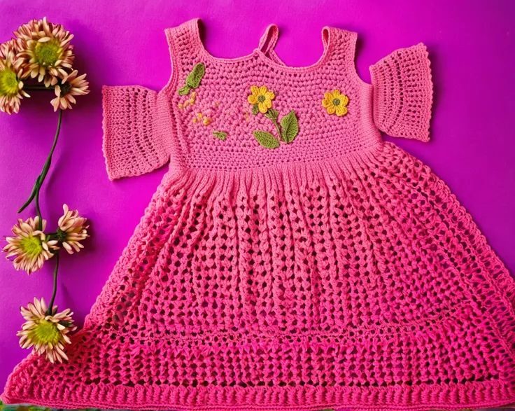 pink crocheted dress, purple background, flowers