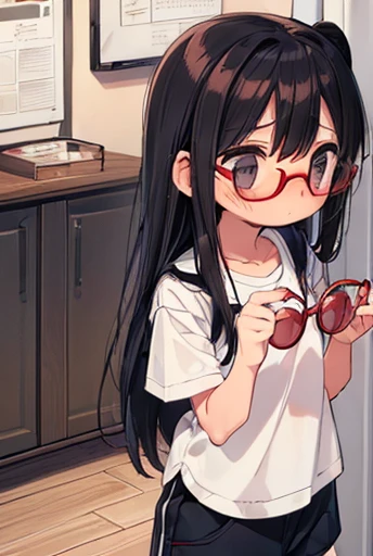 (Big red round glasses:1.3)、(Timid girl、blush、Watery eye:1.2)、Long black hair、White short sleeve shirt、Navy blue shorts、body操服、 body、Flat body