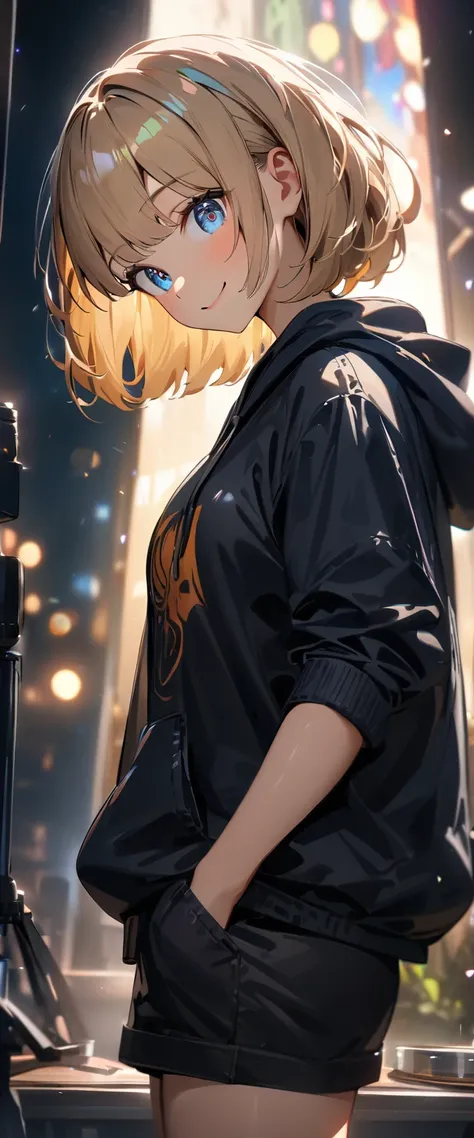 (((One girl))), Shibuya, blond hair, bob cut, ((face in focus)), (looking at viewer), breasts, teenager, head tilt:1.3, (((blue eye))), constricted pupils, (from side:1.3), hand in pocket, ((happy smile)), black hoodie:1.3, black shorts:1.3, anime style, (...