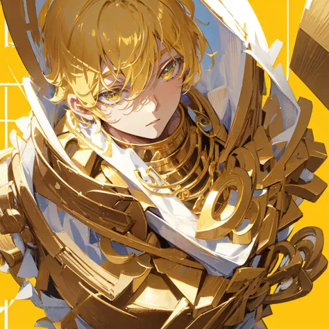 A male god，short hair，Gold and white shades，((Pure yellow background))