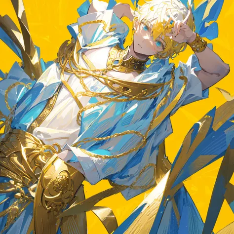 A male god，short hair，Gold and white shades，((Pure yellow background))