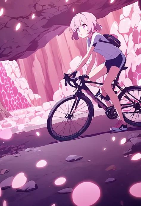 cute anime girl rides a bicycle, in running shorts, short shorts, Cave covered with pink biological cells
