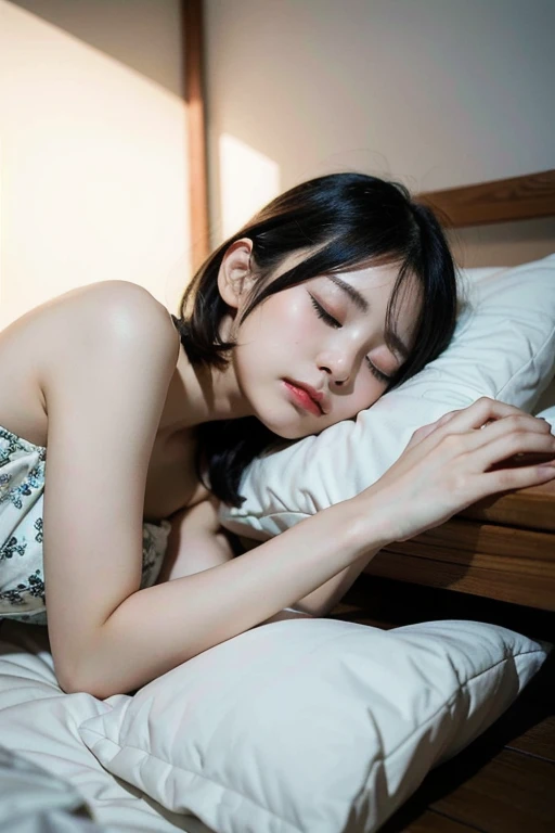 (4k, RAW photo, best quality, masterpiece:1.2),japanese,1girl,black hair, realistic, lying, on side, closed eyes, short hair, dress, sleeping, indoors, bed