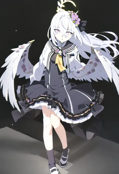 azusa (blue archive),1girl :o black_dress black_socks chestnut_mouth crossed_bangs dress feathered_wings flower full_body grey_hair hair_between_eyes hair_flower hair_ornament halo long_hair long_sleeves looking_at_viewer multicolored_eyes no_shoes parted_...