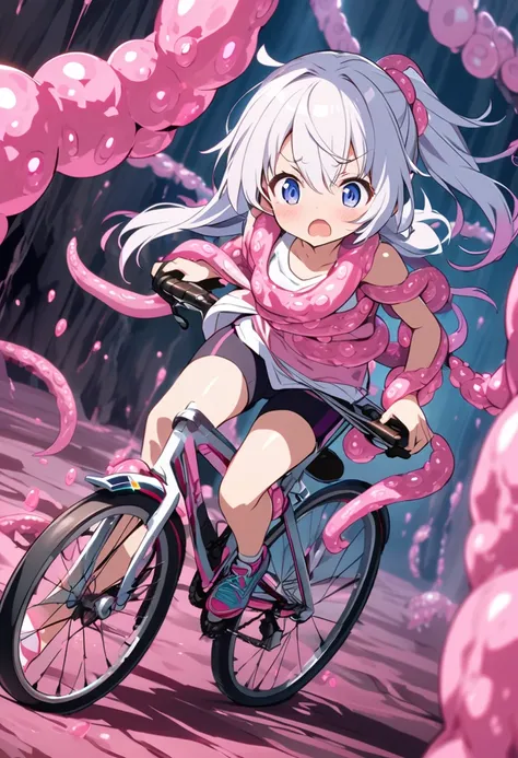 cute anime girl rides a bicycle, in running shorts, short shorts, Cave covered with pink biological cells , Tentacles entangled
