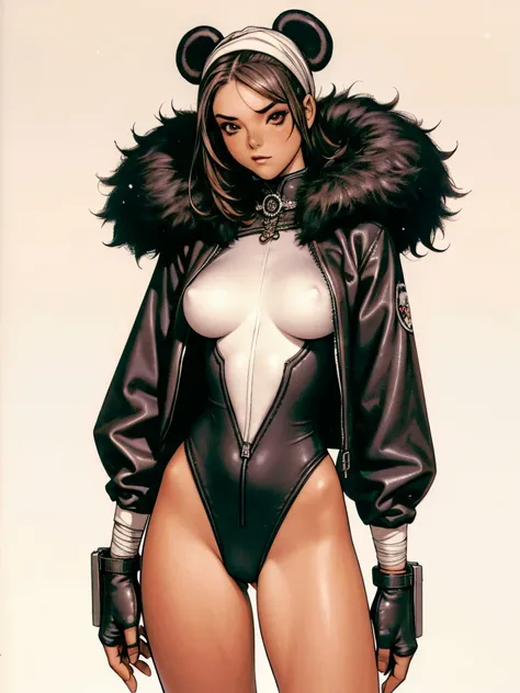 (((Brunette))), (((Panda suit))), (scars), (((bandaged arms))), ((panda fur hood)), (((panda luvas))), (((best qualityer: 1.4))), (Unbeatable masterpiece), (hiper HD),(CG 8k hyper-realistic), (((brave face))), (((breasts big))), (((hyper feminine))), sexly...