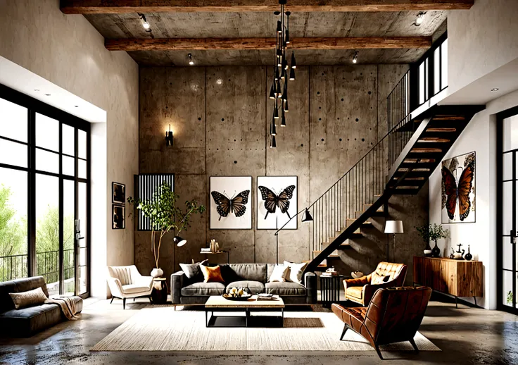 Create a stylish and simple modern loft living room. The lower level should include a large table for displaying decorations and a decorative wall with vines.，Furnished with leather butterfly chairs and a small coffee table. Modern staircase leading to the...