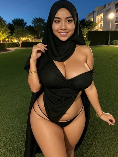 Javanese girl long black hijab, wear only hijab, fully naked, smiling, front view, windy, brown skin, detail skin texture, mole below eyes, beautiful shoulders, very huge breasts, beautiful nipples, beautiful wide hips, beautiful thick thighs, beautiful bo...