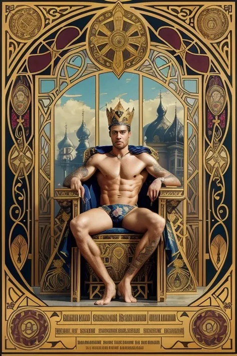 a surreal courtly photography, ultra-detailed, panoramic composition of subject and complete surrounding environment, handsome manly young topless christian hogue sitting on a throne, wears rich silks shorts and decorations, a crown on his head, Gold snake...