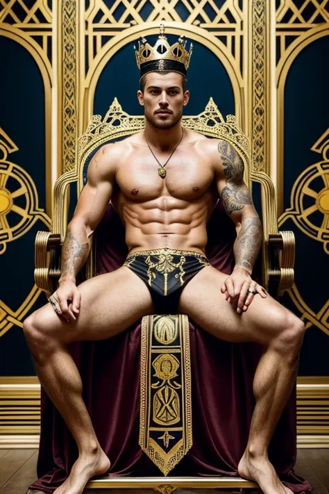 a surreal courtly photography, ultra-detailed, panoramic composition of subject and complete surrounding environment, handsome manly young topless christian hogue sitting on a throne, wears rich silks shorts and decorations, a crown on his head, Gold snake...