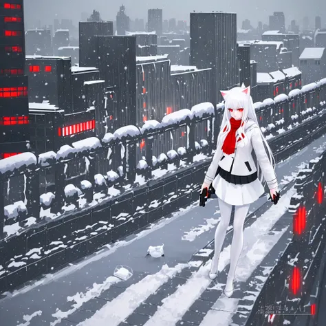 White hair, cat ears, 1 girl, white pantyhose, red eyes, black short skirt, white scarf (white scarf covering the neck), gray angelic halo, holding a sci-fi rifle, high quality, no water marks, photo realistic, snow, city (snowy city)