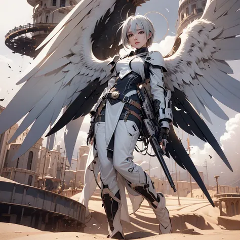 A female angel with black wings and white hair, in the middle of the desert, during an eclipse, during at night, character in the center of the image